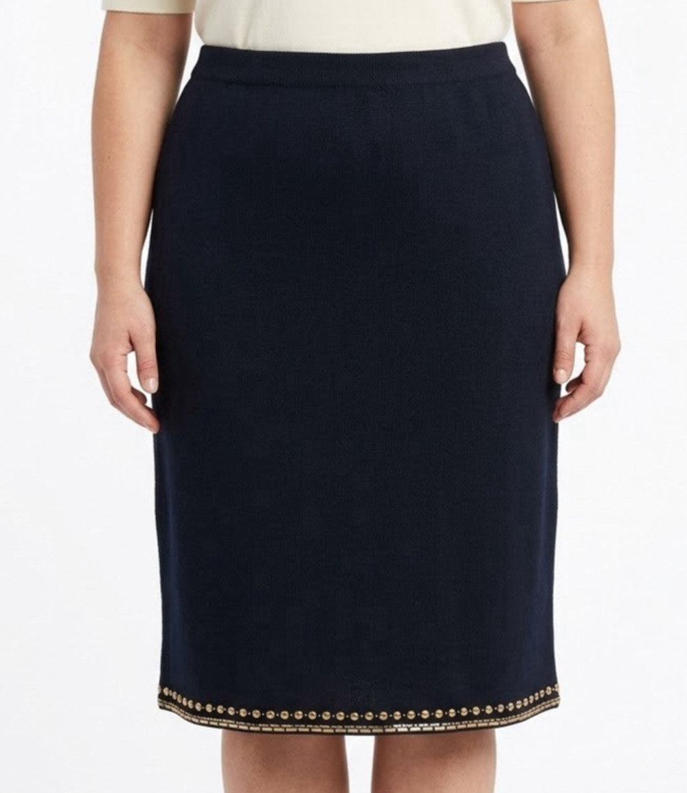 St John Santana Knit Skirt Pencil Straight Black Wool Gold Silver Paillett 16 XL